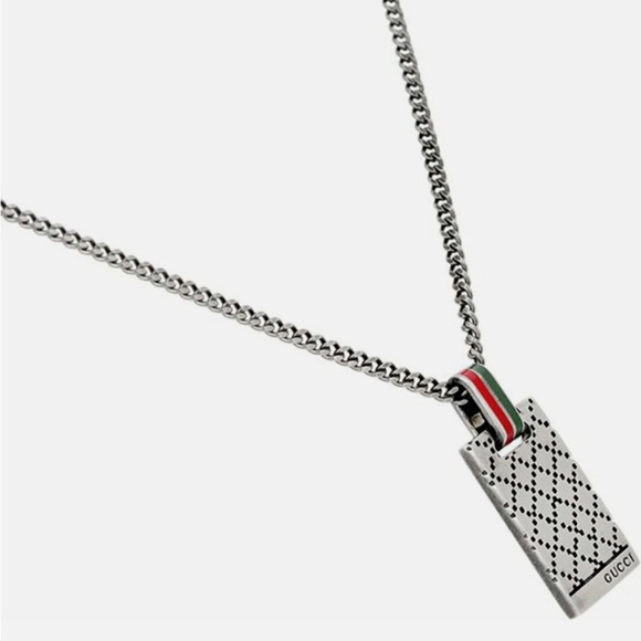 Vintage Gucci Stripes Diamantissima Tag Plate 925 Silver Pendant Chain Necklace - Picture 2 of 12